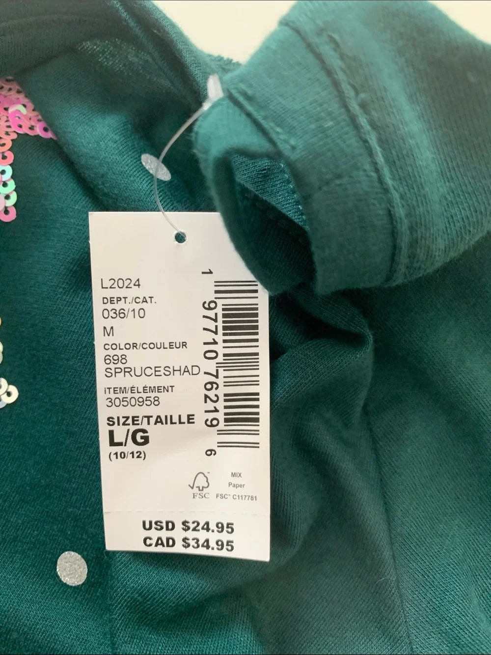 NWT The Children's Place Teal Green Long-Sleeve Sequin Tree Top Size Lg